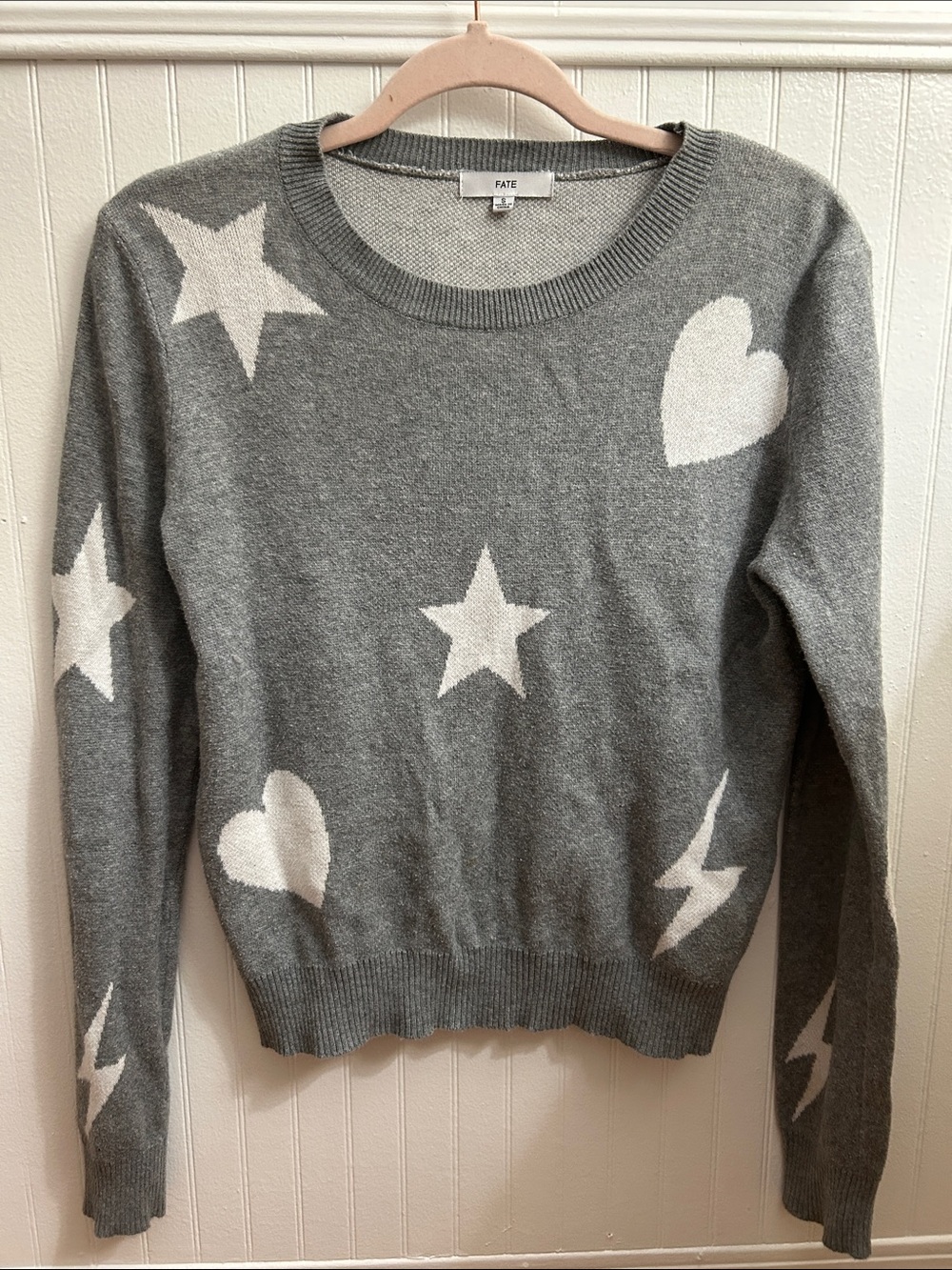 Fate Gray Crewneck Sweater with White Stars, Hearts & Lightning